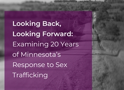 [ai] A purple and white graphic with the text 'Looking Back, Looking Forward: Examining 20 Years of Minnesotaâ€™s Response to Sex Trafficking.' The background is a black-and-white image of a rural landscape.